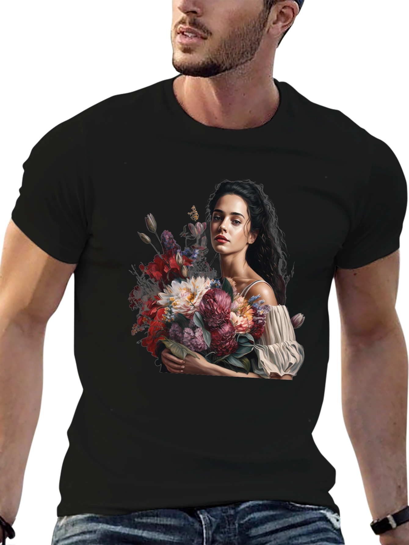 Floral Portrait Black T-Shirt