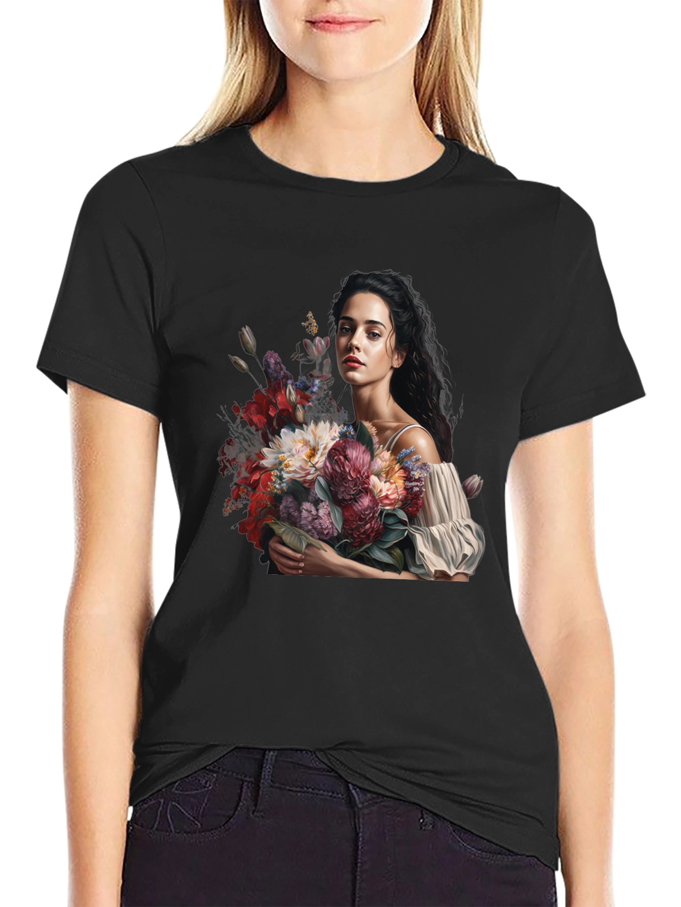 Floral Portrait Black T-Shirt
