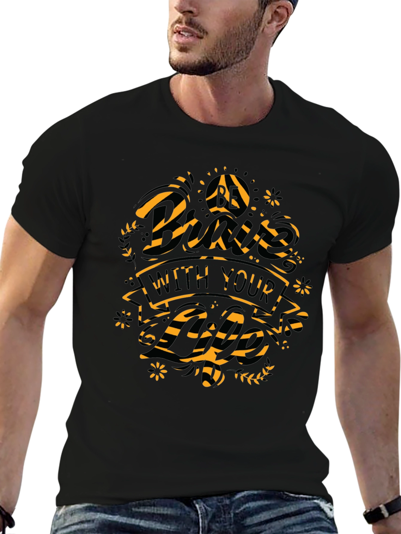 Graphic Print Mens Black Crew Neck T-Shirt