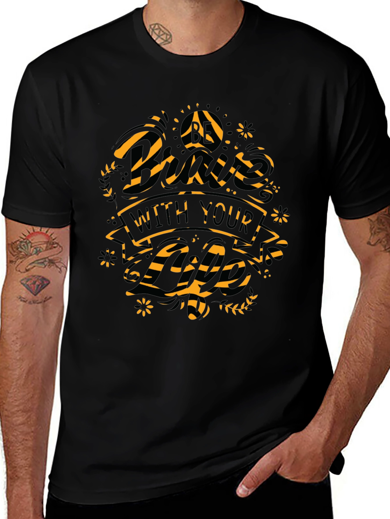 Graphic Print Mens Black Crew Neck T-Shirt