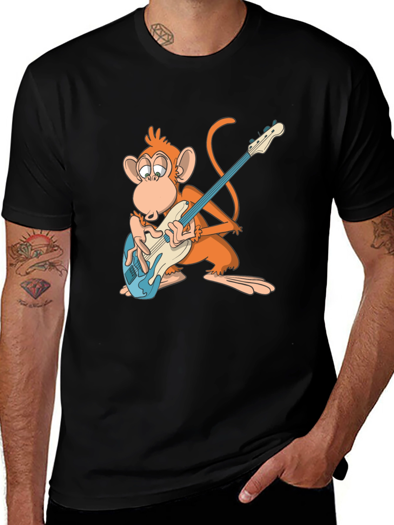 Monkey Guitarist Graphic Tee - Black Cotton T-Shirt
