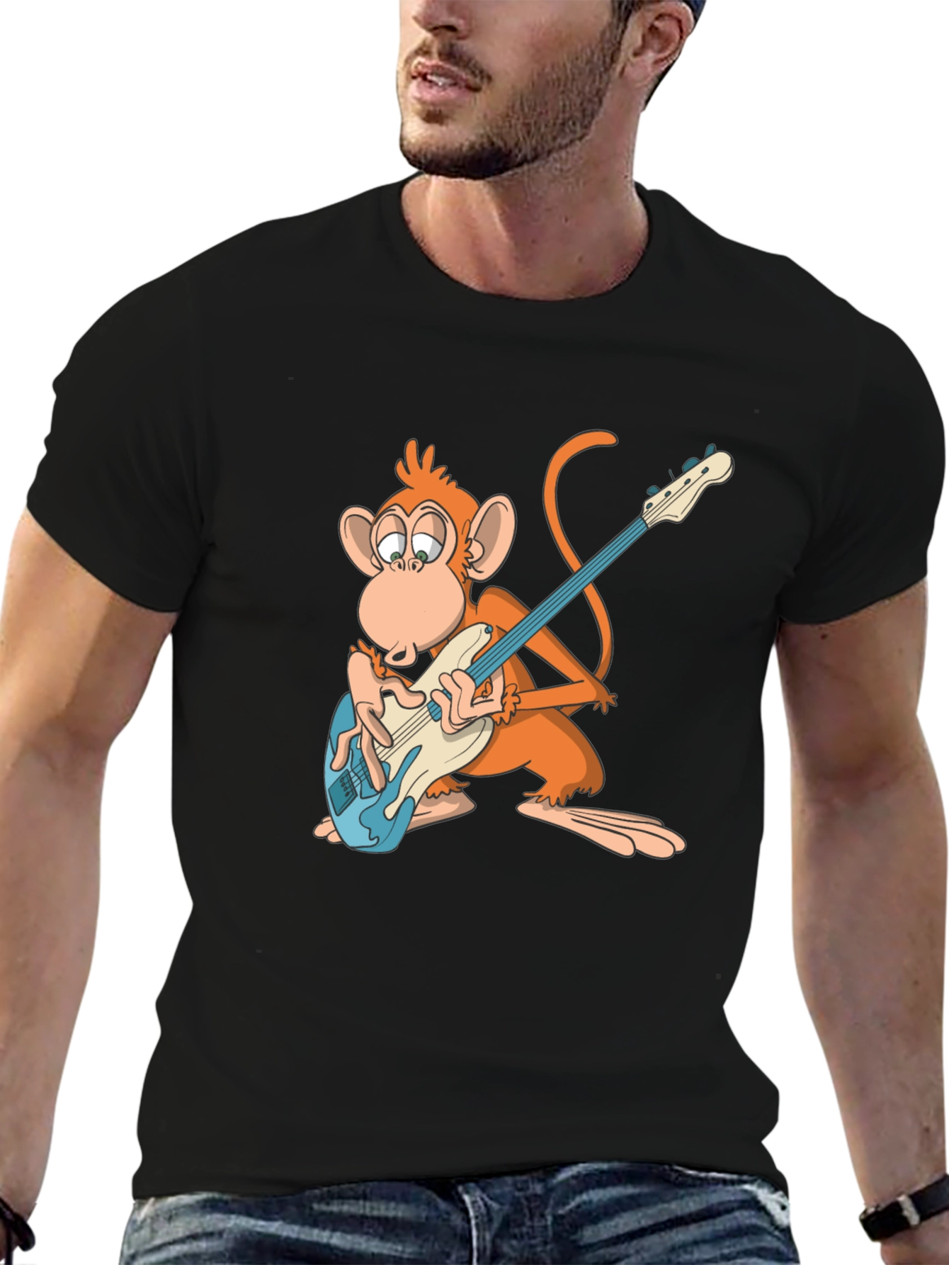 Monkey Guitarist Graphic Tee - Black Cotton T-Shirt