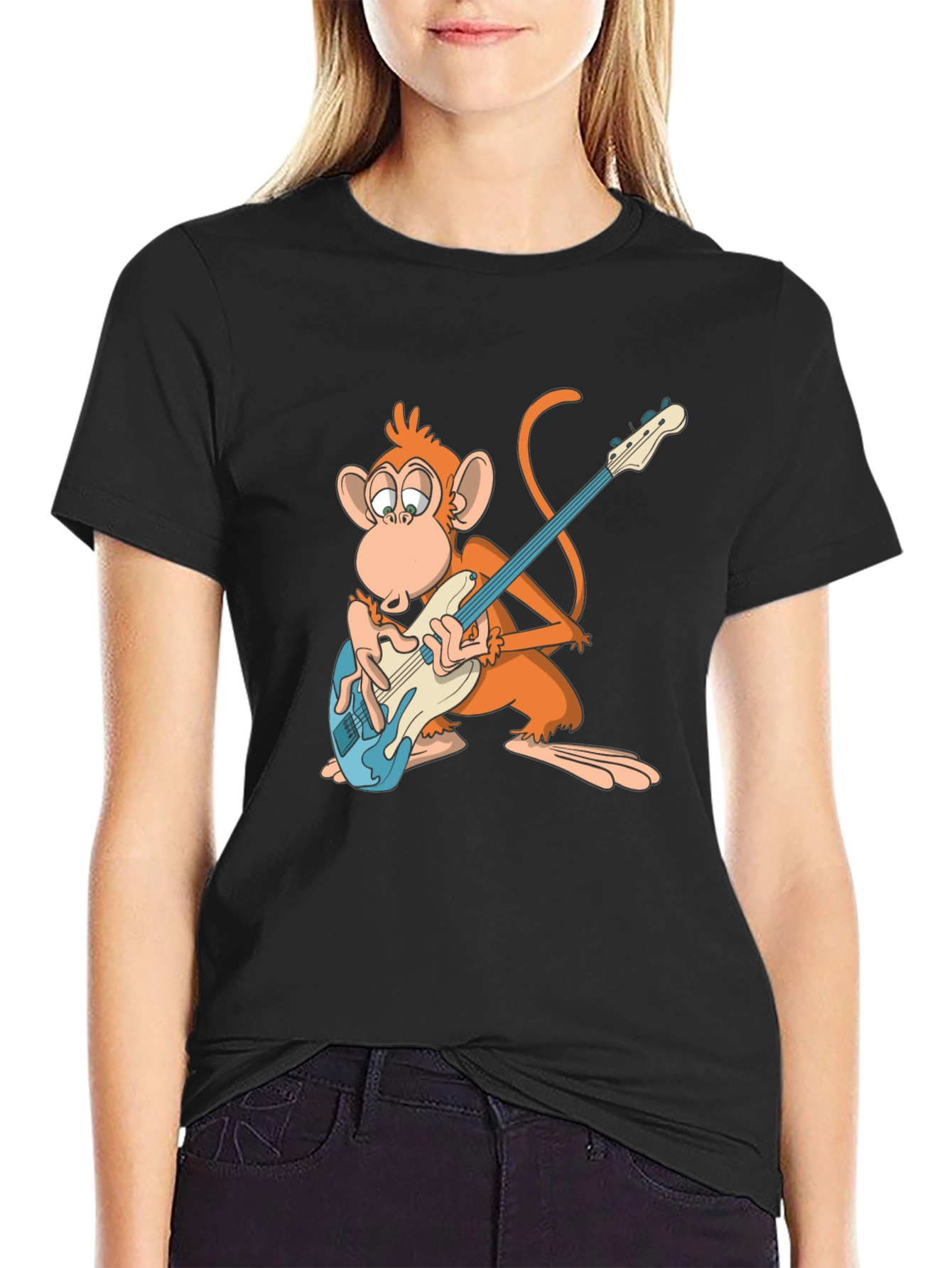 Monkey Guitarist Graphic Tee - Black Cotton T-Shirt