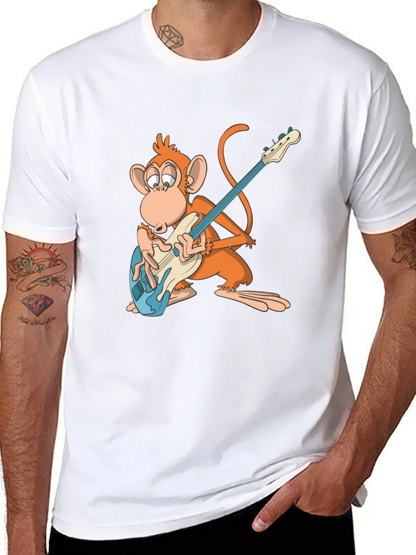 Monkey Guitarist Graphic Tee - Black Cotton T-Shirt