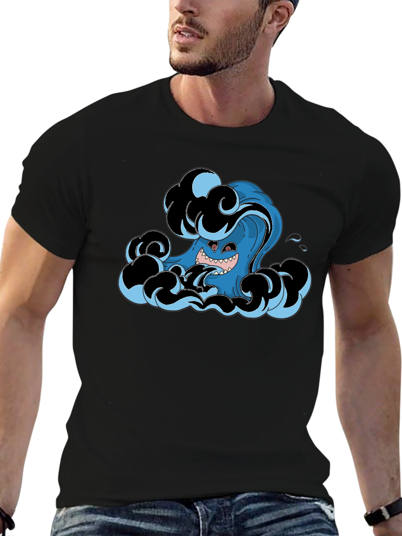 Mens Black T-Shirt with Wave Monster Graphic