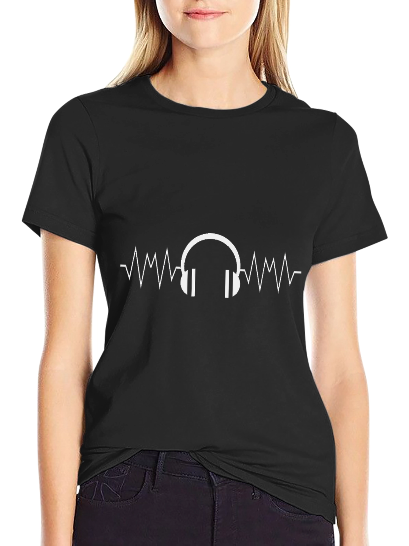 Headphone Heartbeat Graphic Black T-Shirt
