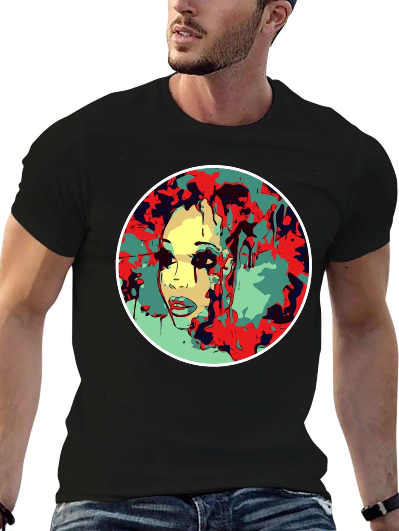 Abstract Face Graphic T-Shirt - Black