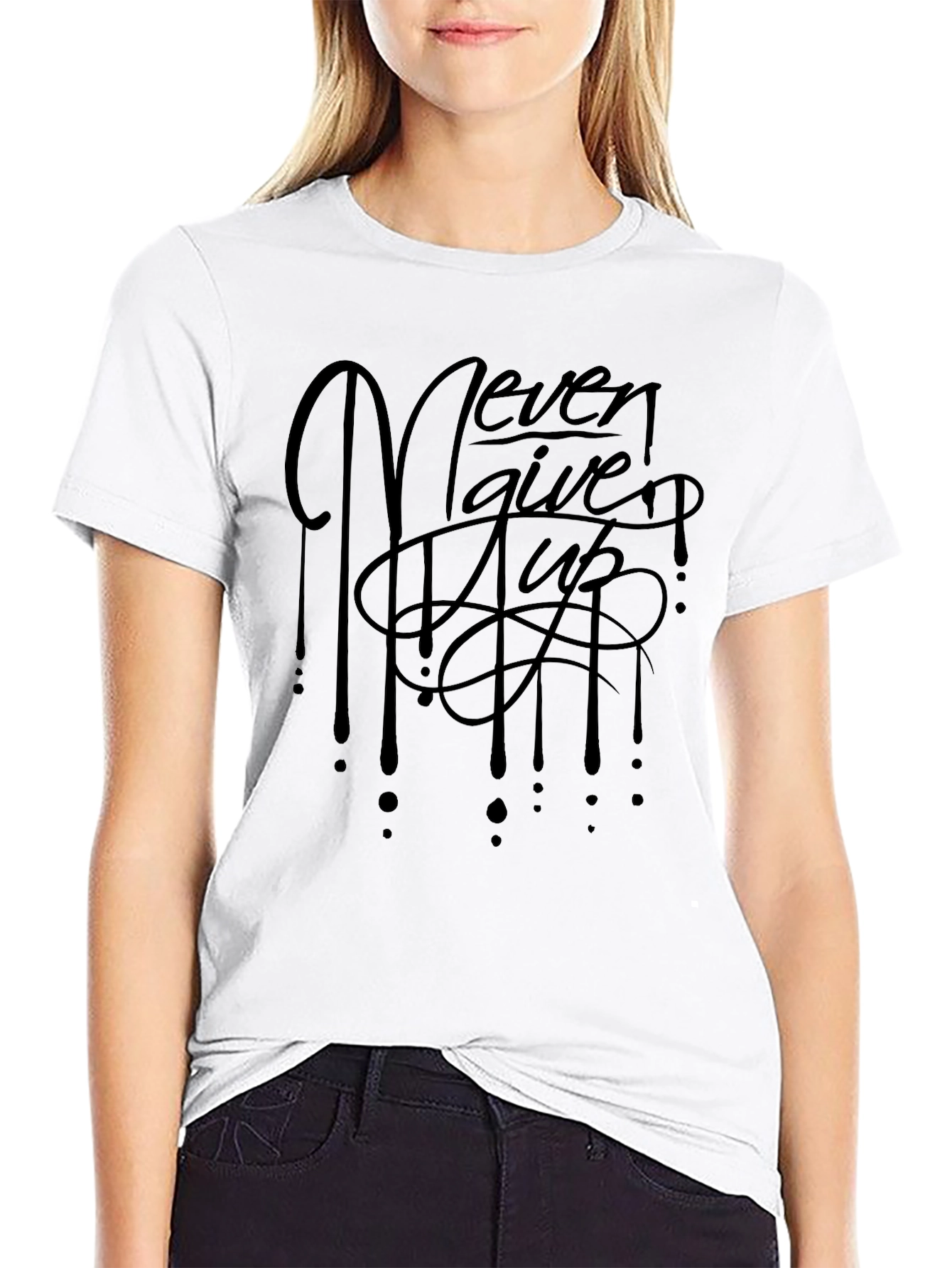 Never Give Up Black Graphic T-Shirt