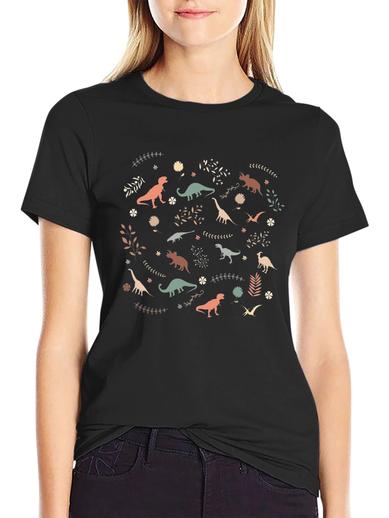 Dinosaur Pattern Black Cotton T-Shirt