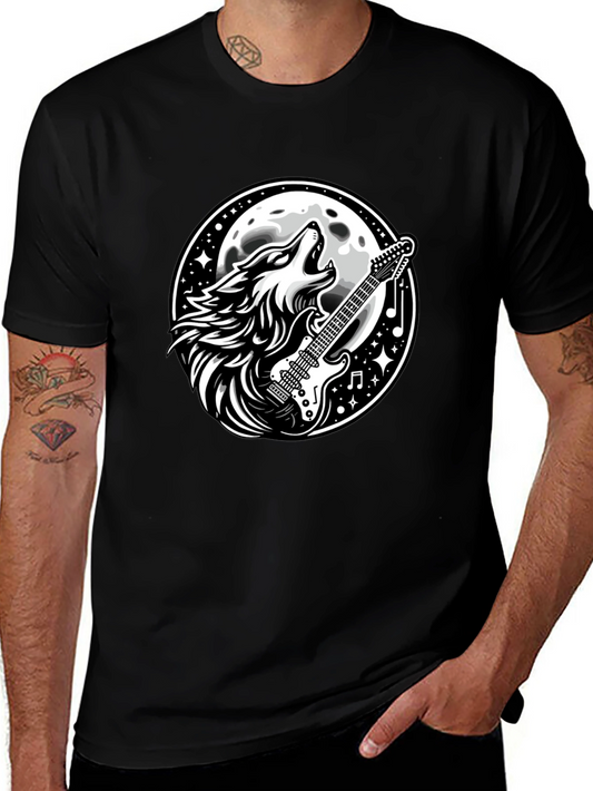 Wolf Guitar Moon Graphic Tee - Rocker Style Black T-Shirt