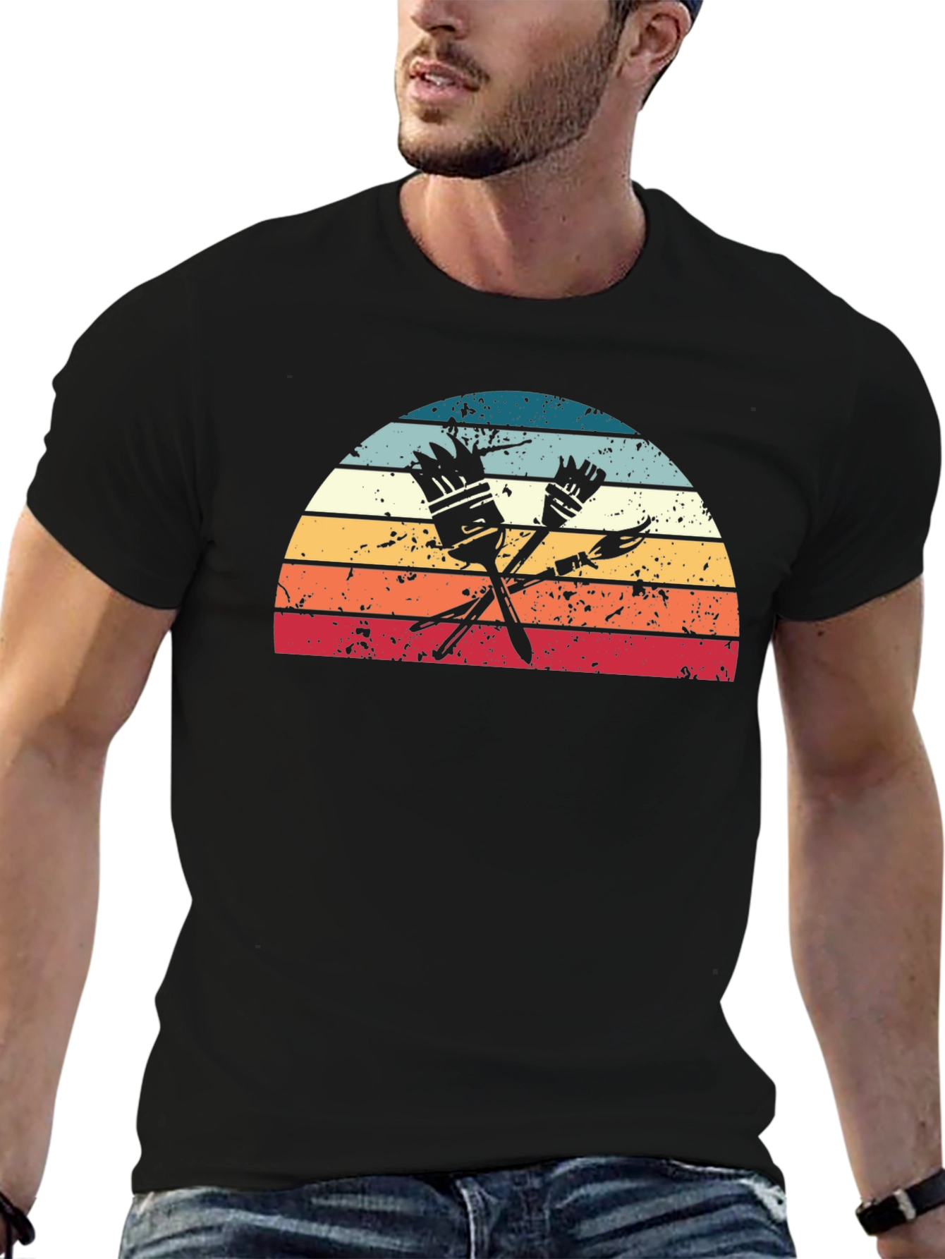 Retro Painter T-Shirt - Paint Brushes & Sunset Design