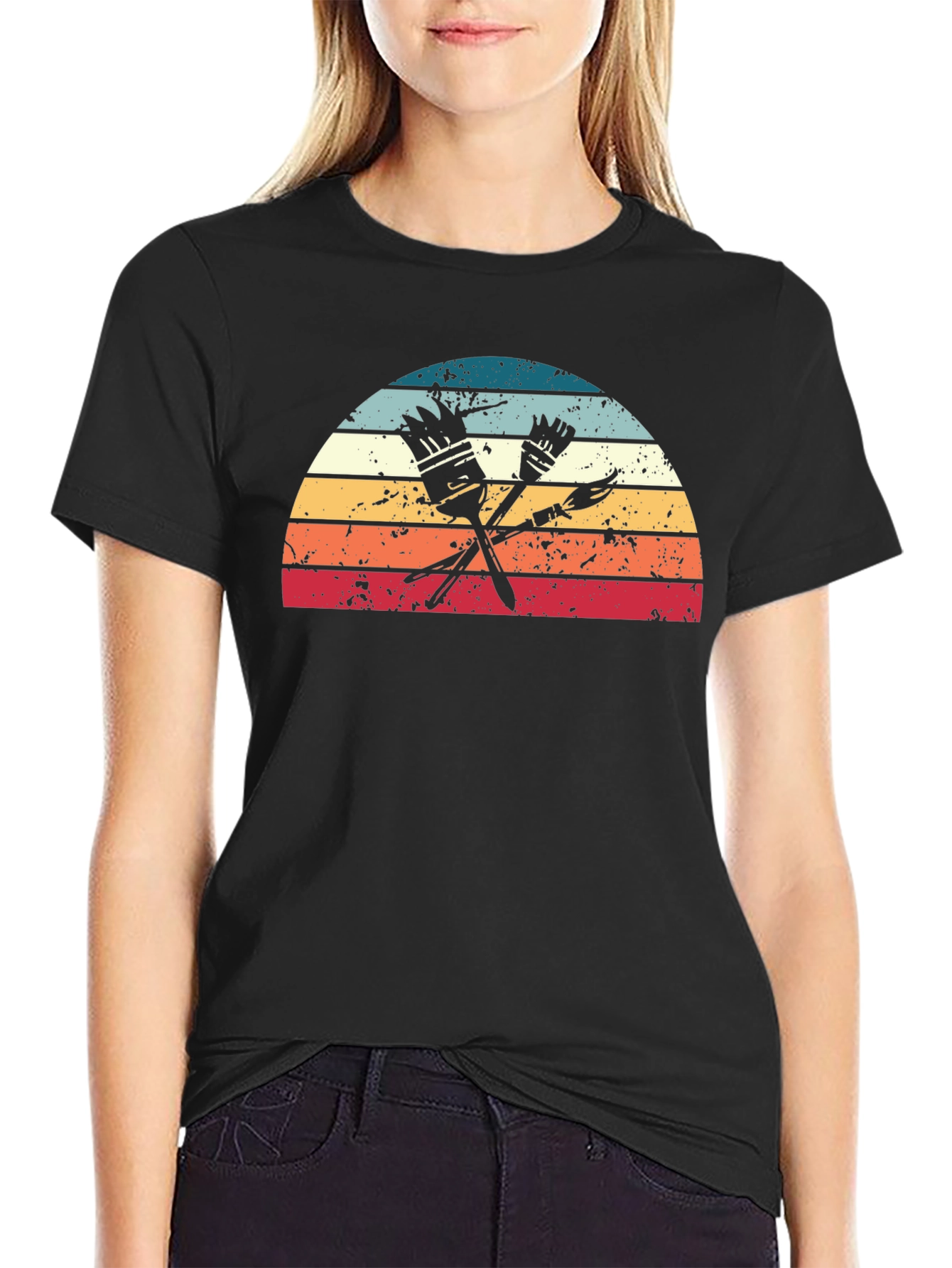 Retro Painter T-Shirt - Paint Brushes & Sunset Design