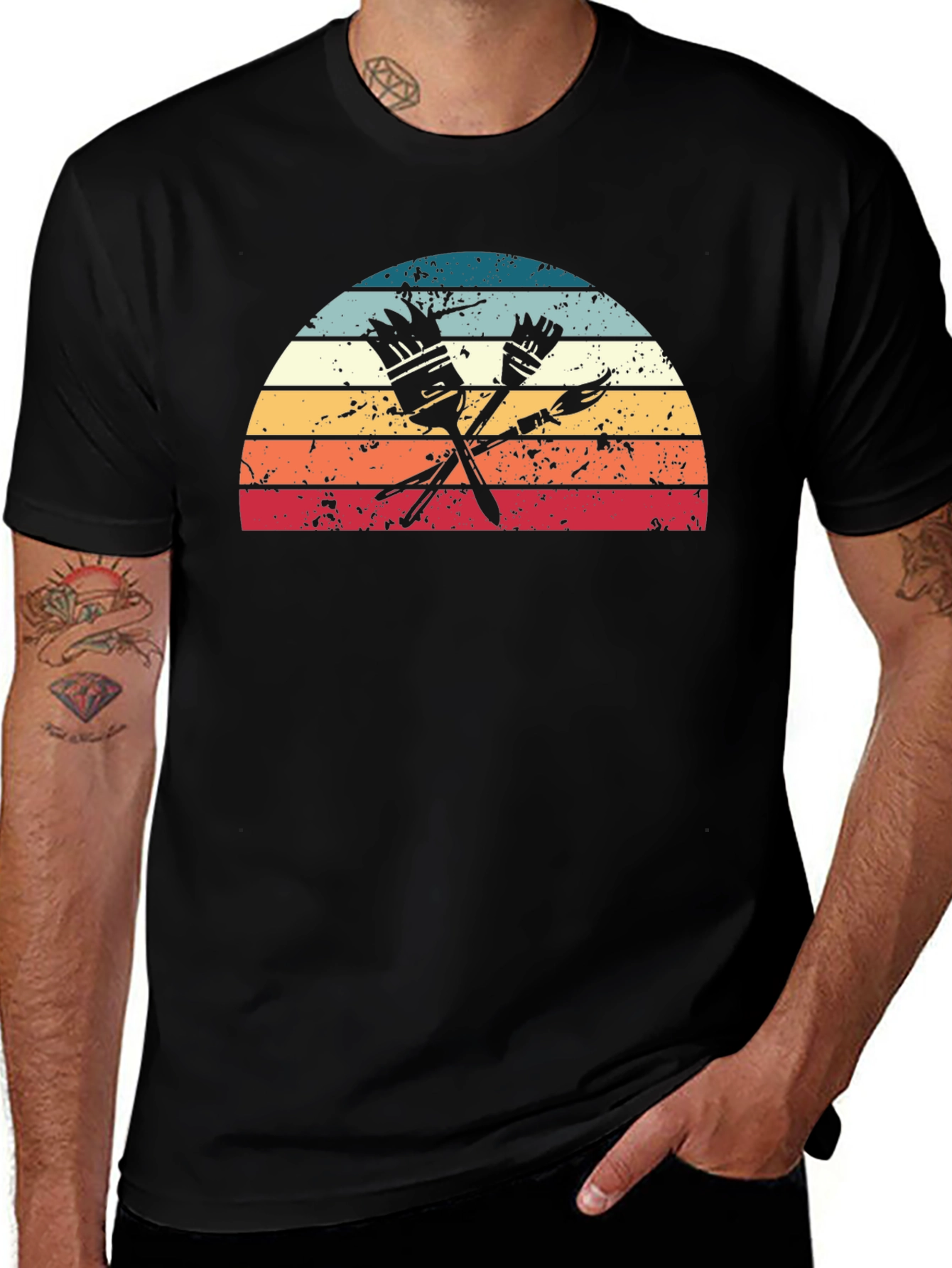 Retro Painter T-Shirt - Paint Brushes & Sunset Design