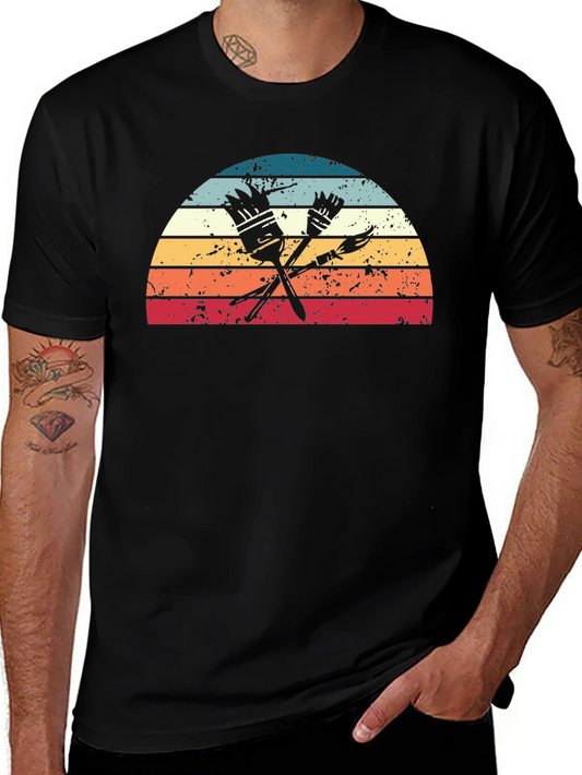 Retro Painter T-Shirt - Paint Brushes & Sunset Design