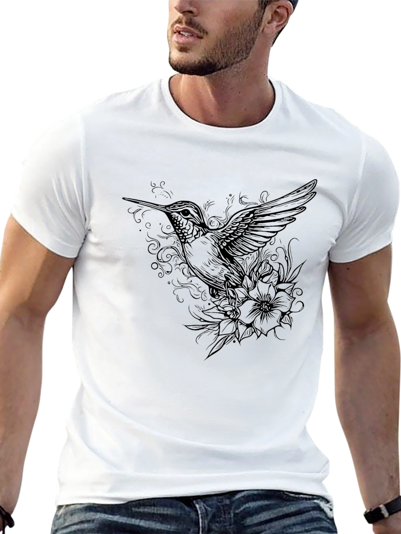 Hummingbird Floral Graphic Print Tee - Black