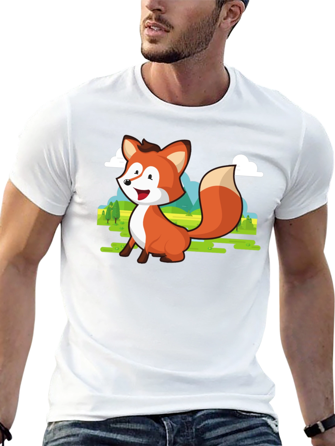 Cute Fox Cartoon T-Shirt - Mens Black Tee