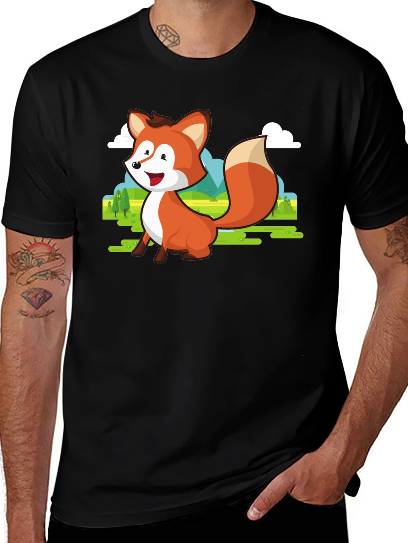 Cute Fox Cartoon T-Shirt - Mens Black Tee