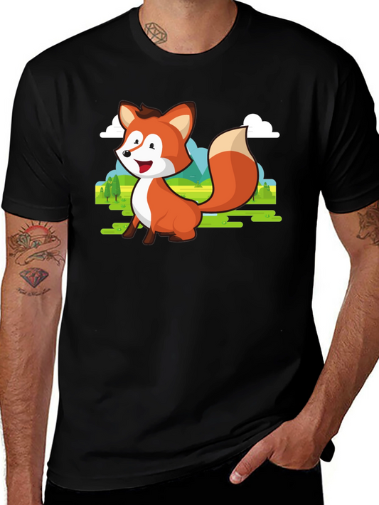 Cute Fox Cartoon T-Shirt - Mens Black Tee