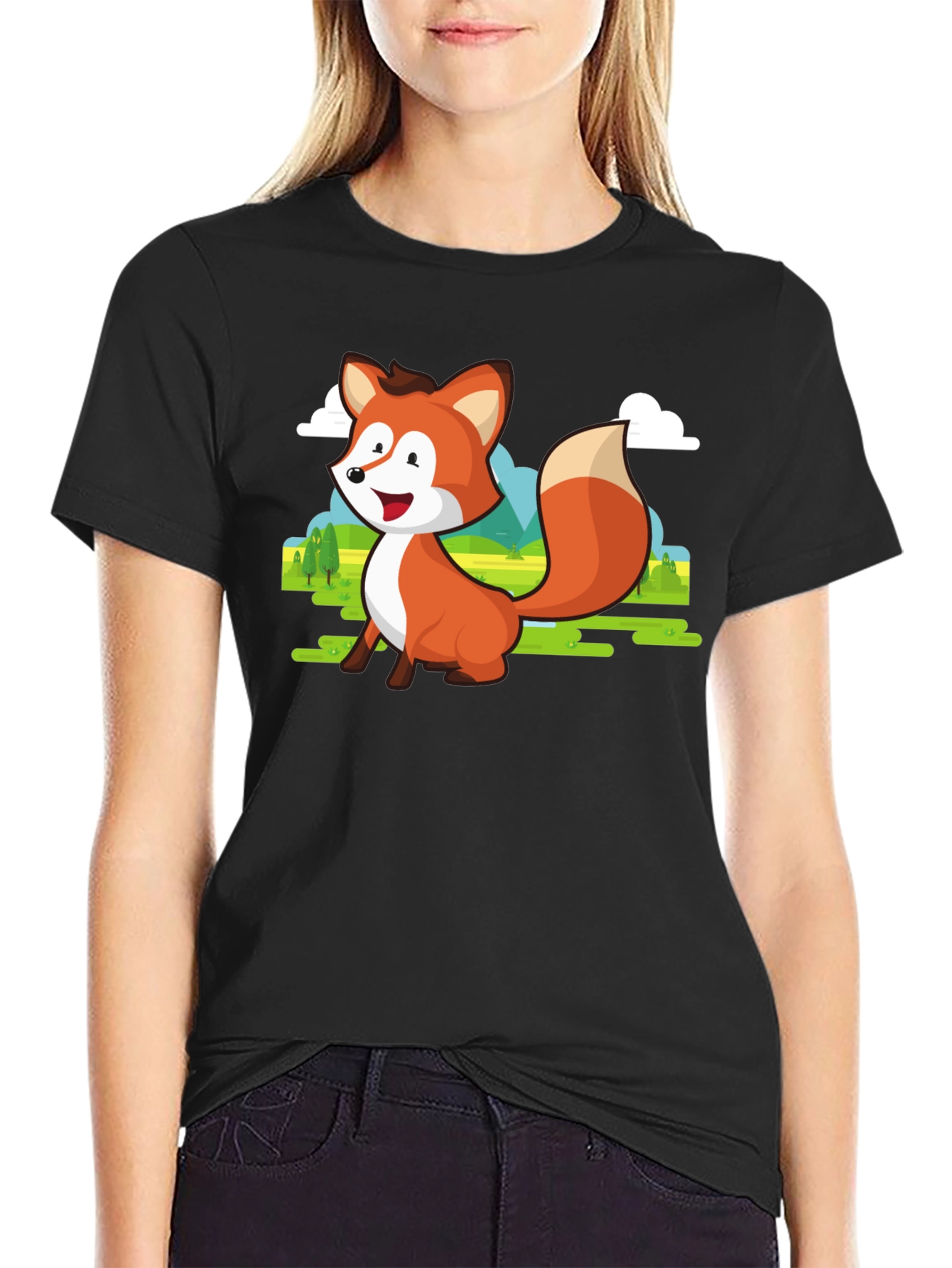 Cute Fox Cartoon T-Shirt - Mens Black Tee