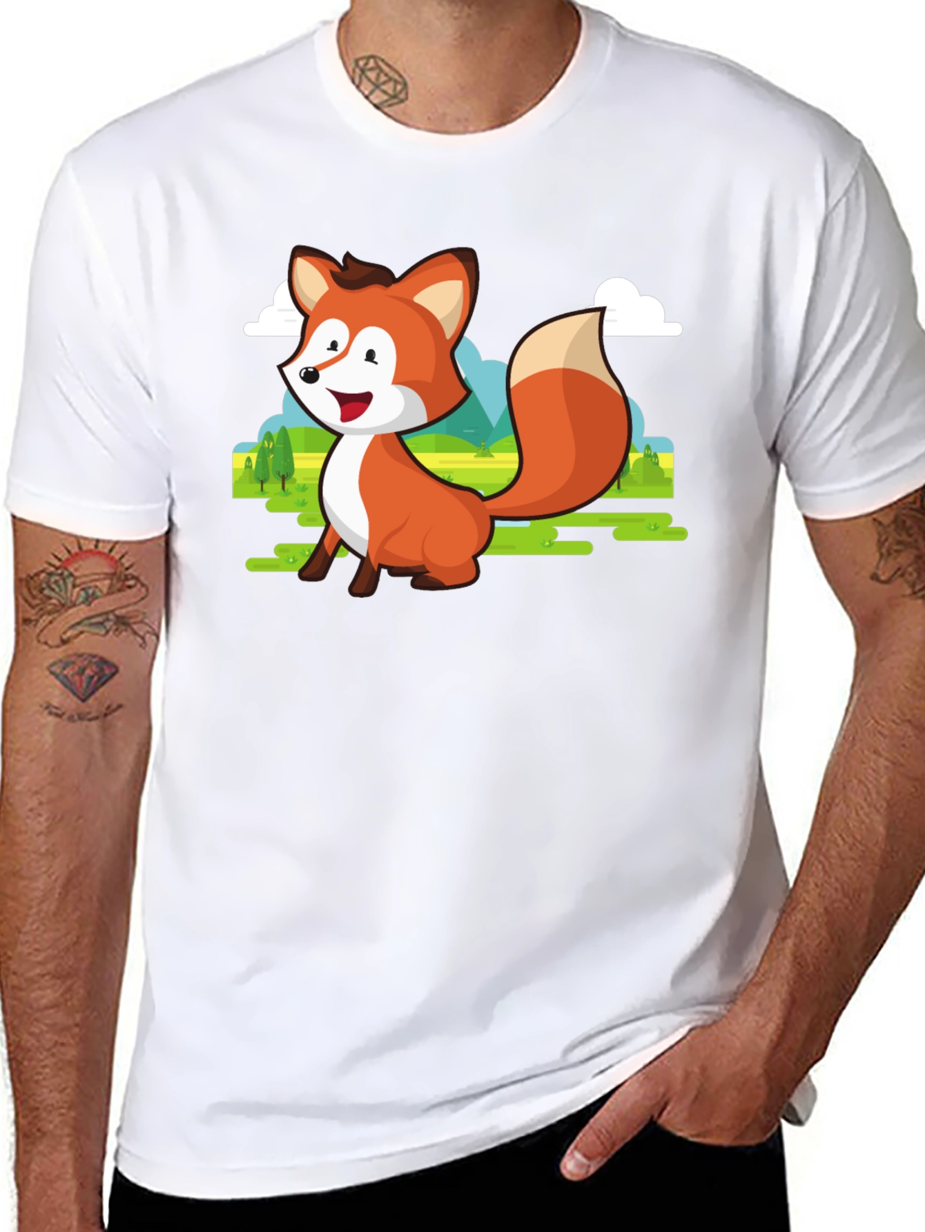 Cute Fox Cartoon T-Shirt - Mens Black Tee