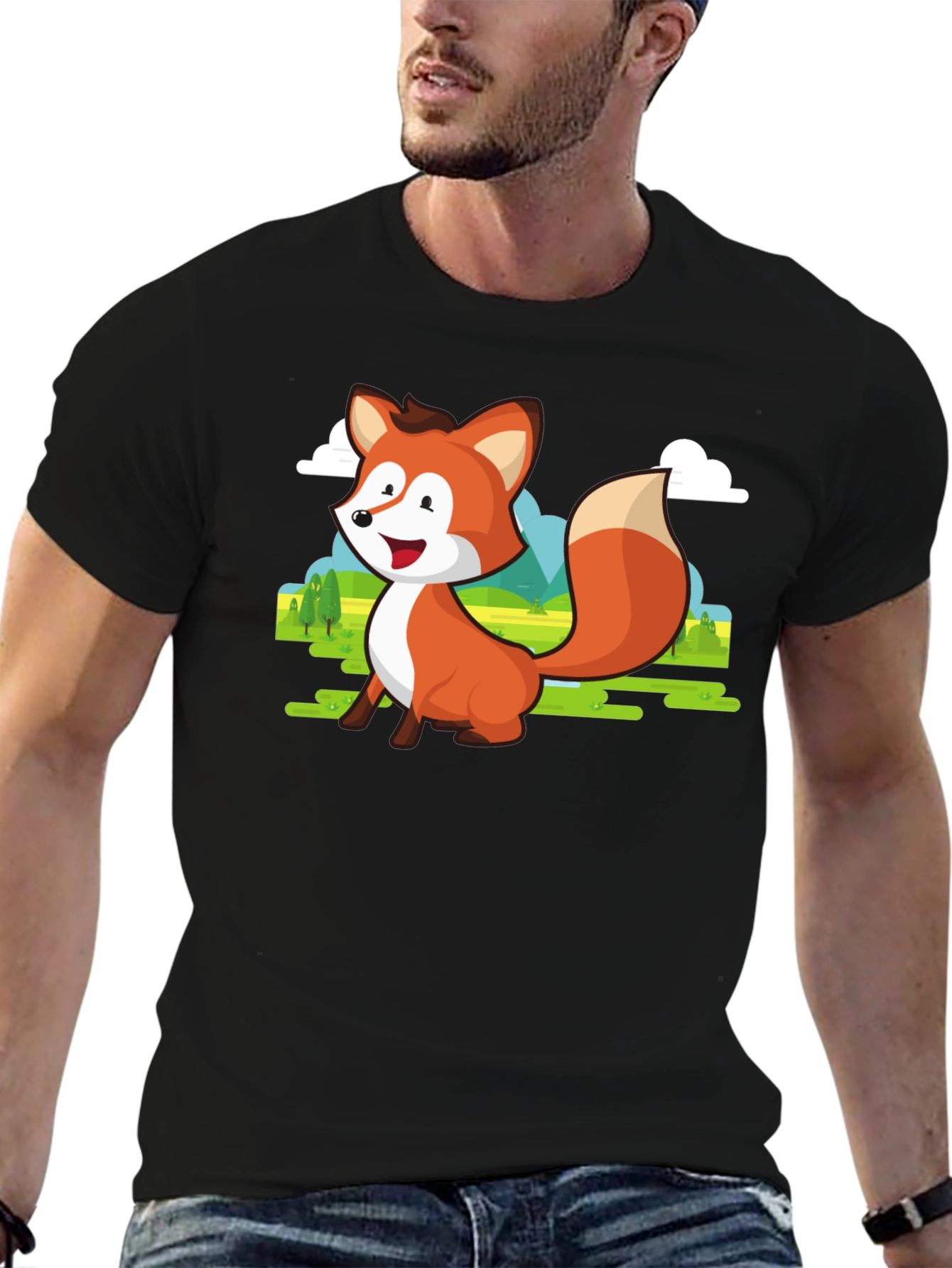 Cute Fox Cartoon T-Shirt - Mens Black Tee