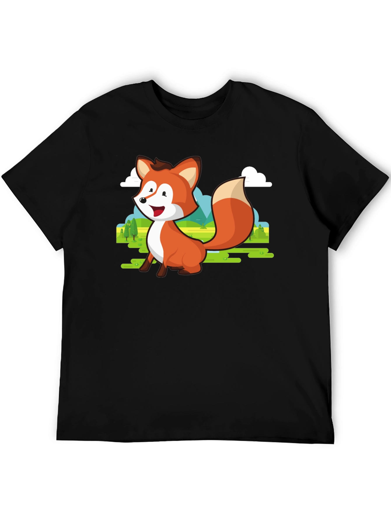 Cute Fox Cartoon T-Shirt - Mens Black Tee