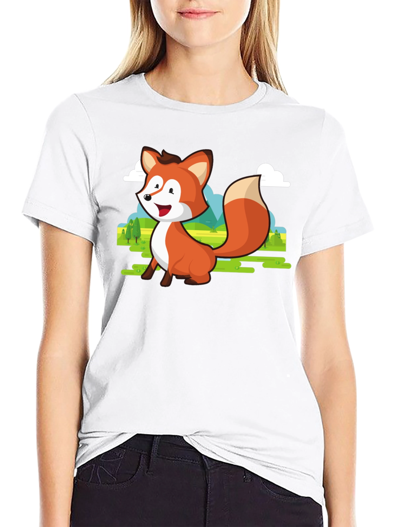 Cute Fox Cartoon T-Shirt - Mens Black Tee
