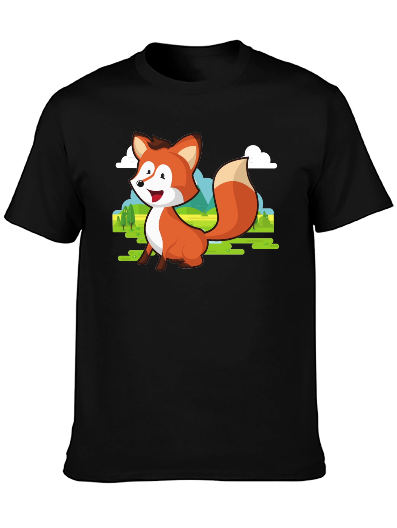 Cute Fox Cartoon T-Shirt - Mens Black Tee