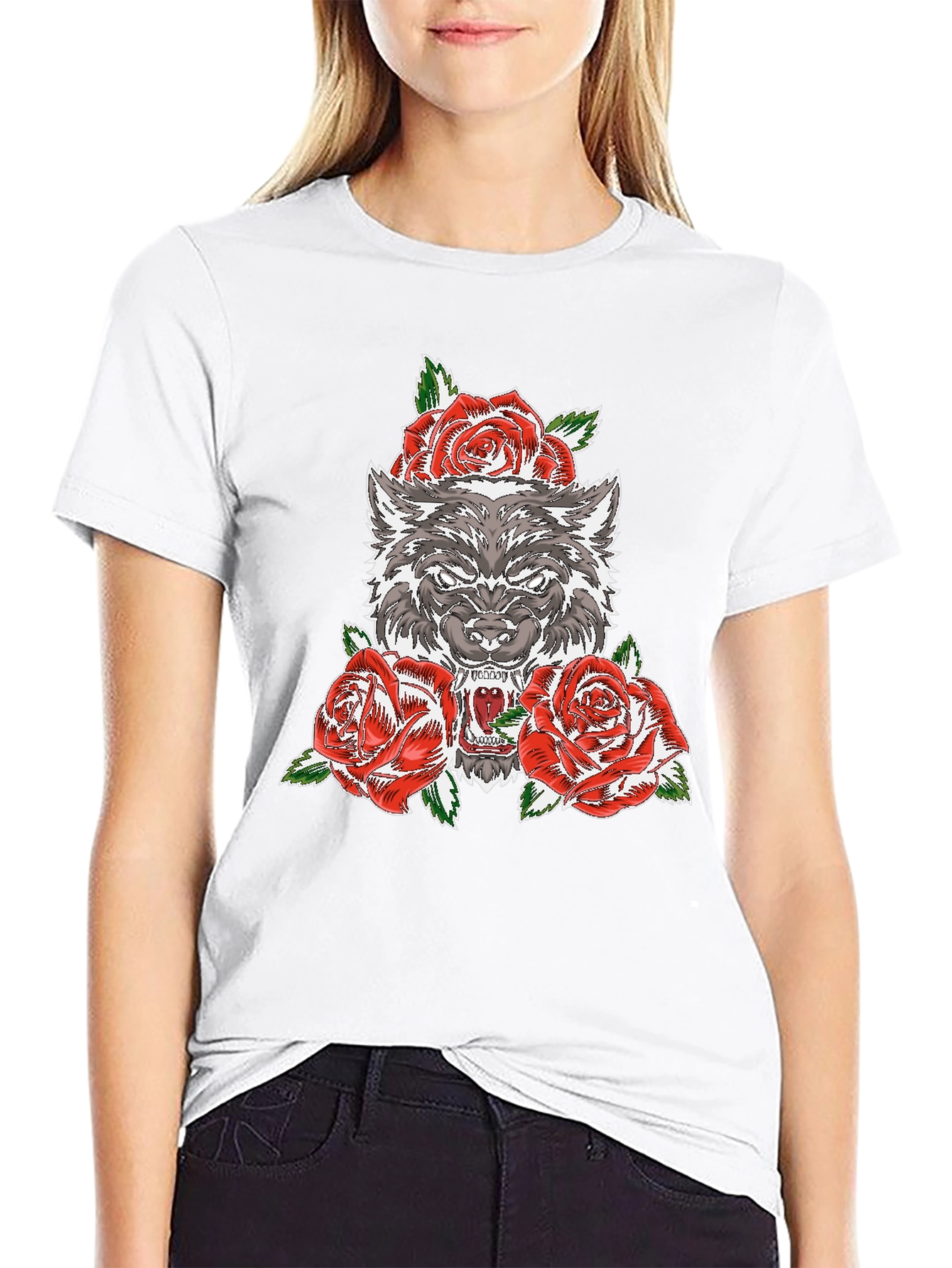 Wolf and Roses Graphic T-Shirt - Black
