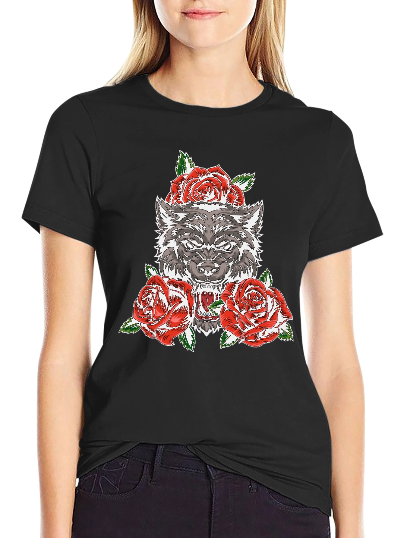 Wolf and Roses Graphic T-Shirt - Black