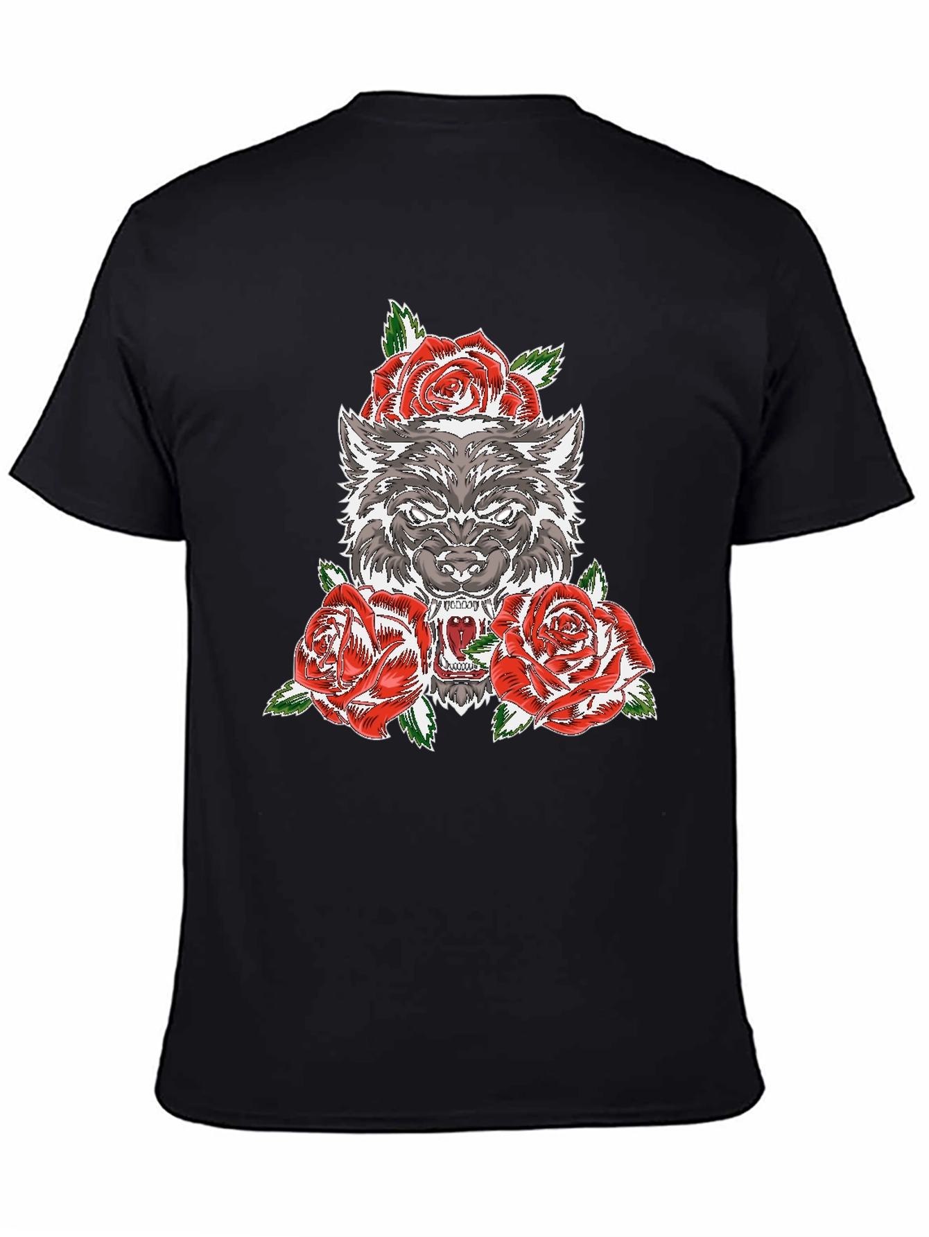 Wolf and Roses Graphic T-Shirt - Black