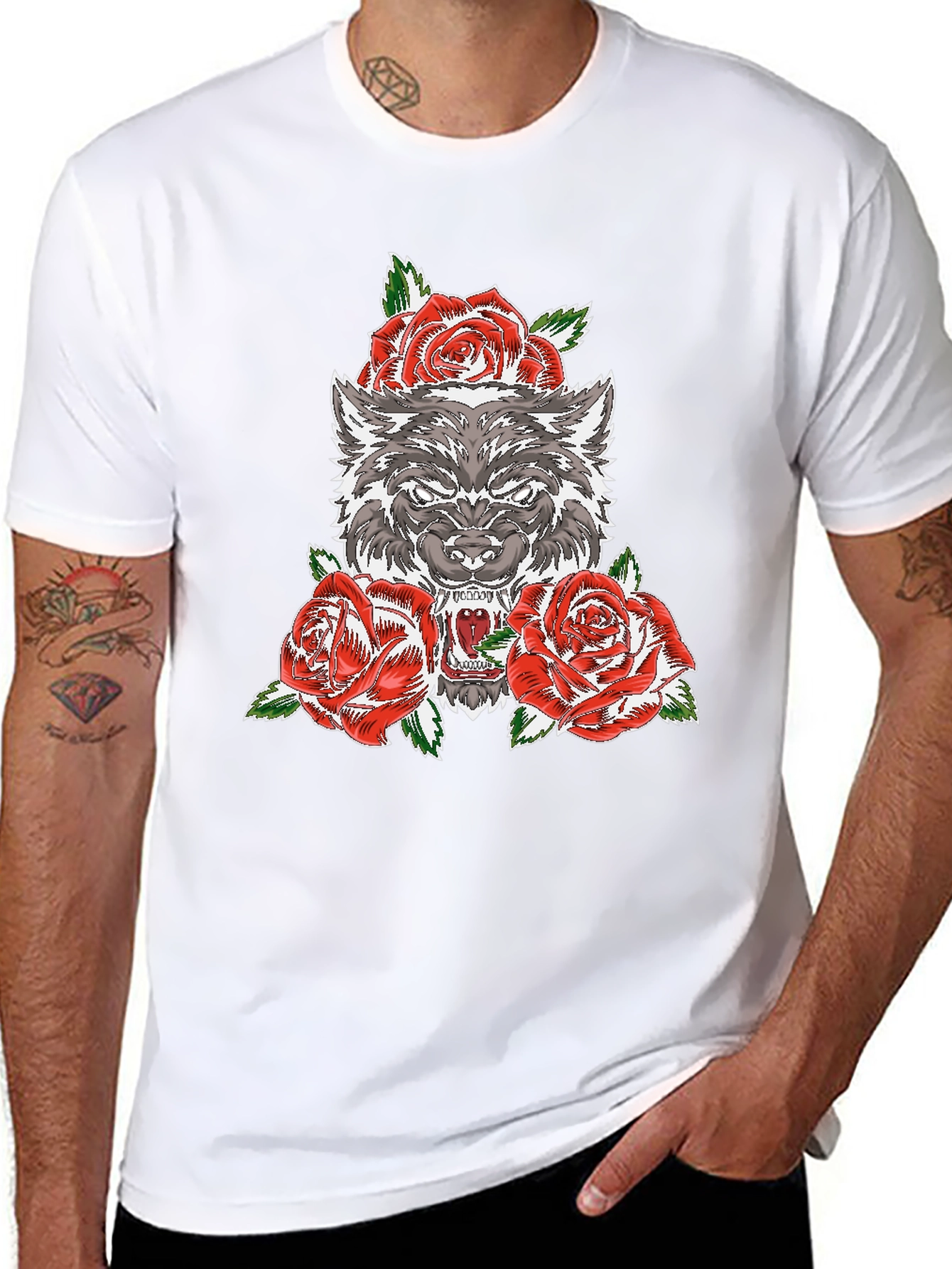 Wolf and Roses Graphic T-Shirt - Black