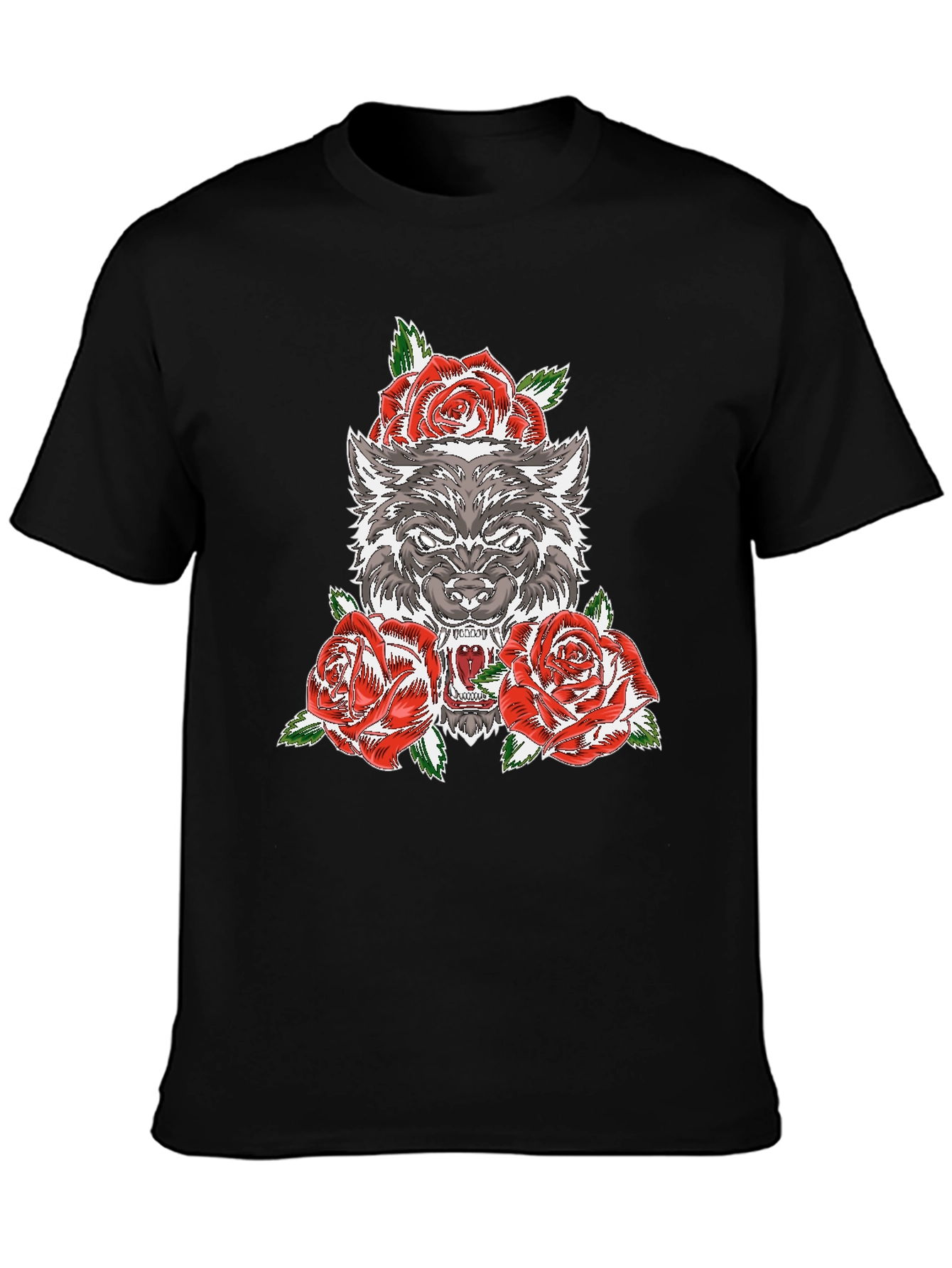 Wolf and Roses Graphic T-Shirt - Black