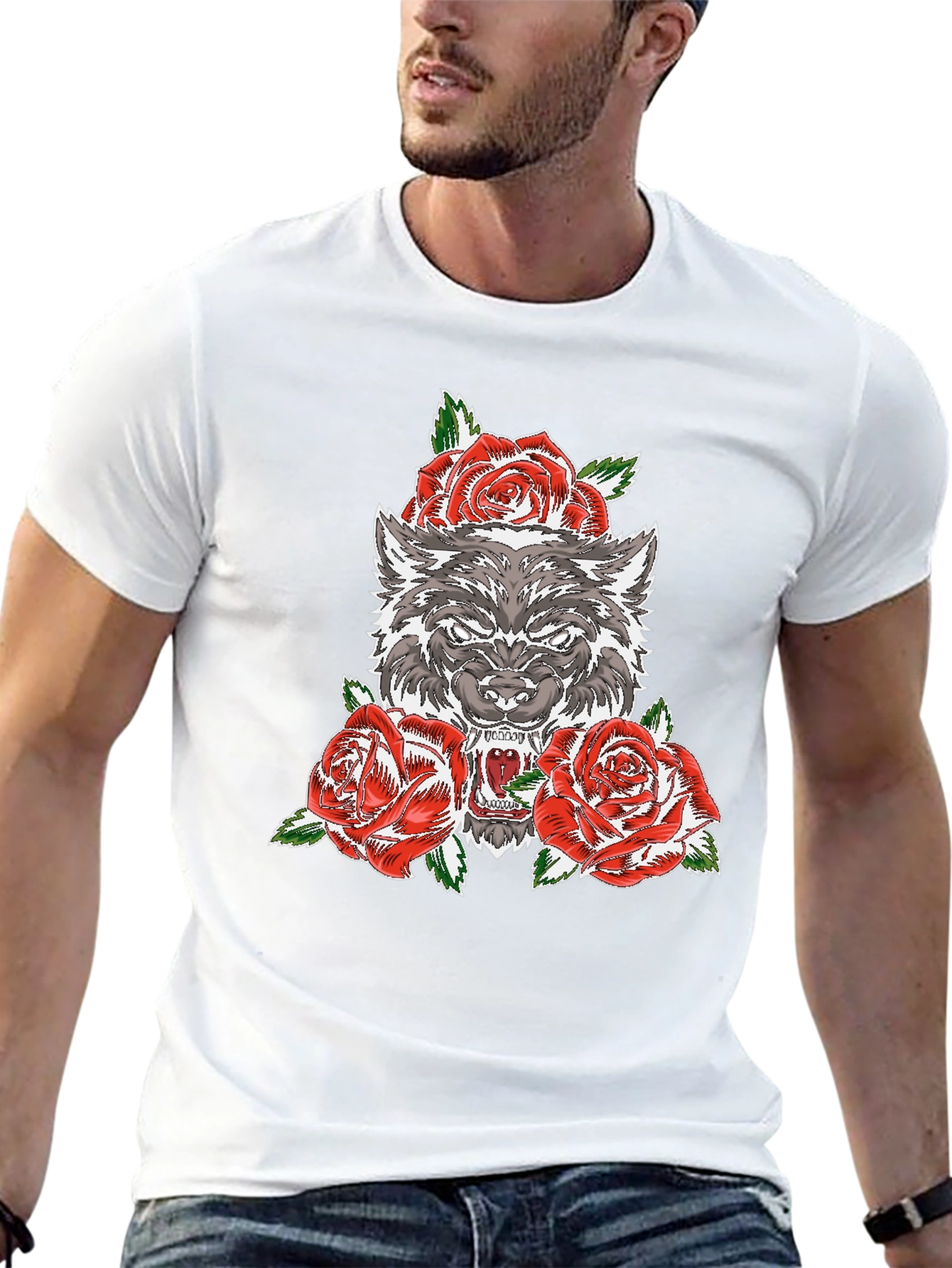 Wolf and Roses Graphic T-Shirt - Black