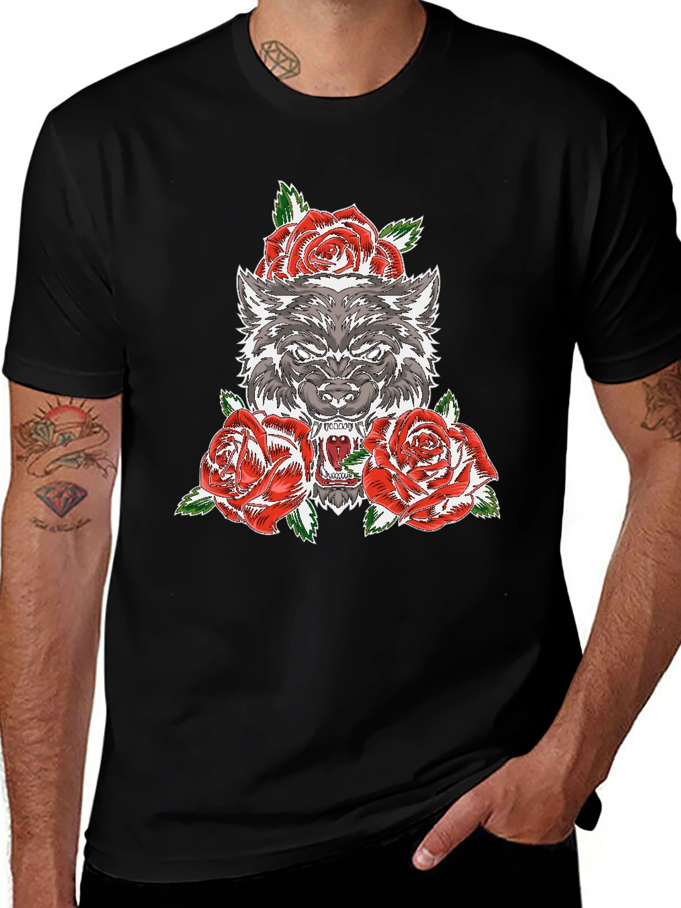 Wolf and Roses Graphic T-Shirt - Black