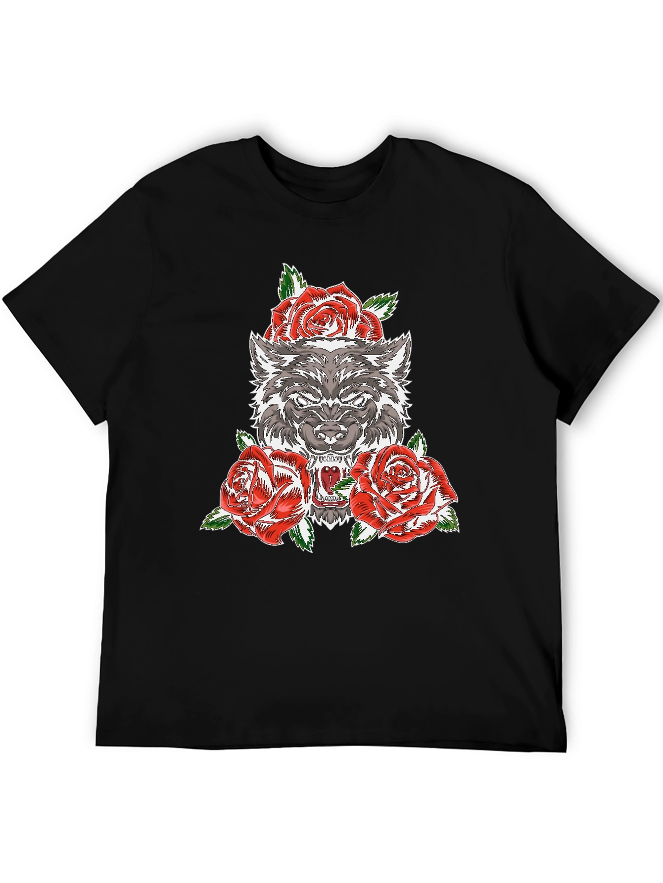 Wolf and Roses Graphic T-Shirt - Black