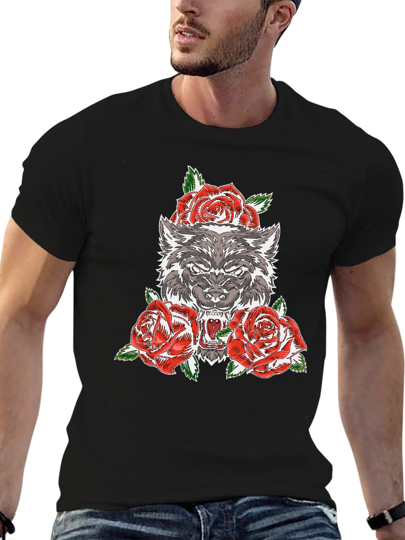 Wolf and Roses Graphic T-Shirt - Black