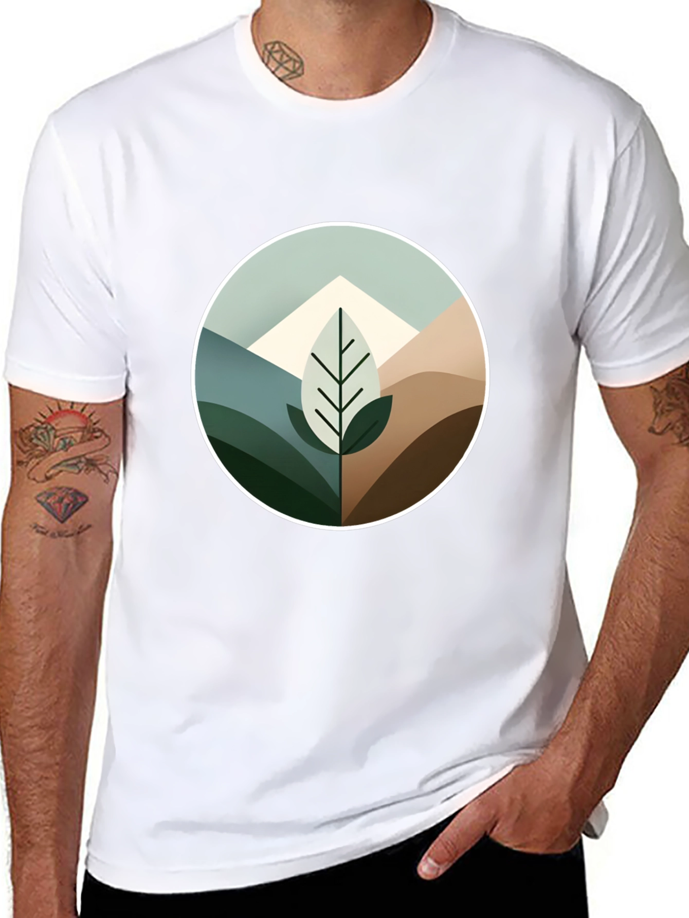 Geometric Mountain Leaf Graphic Tee - Black