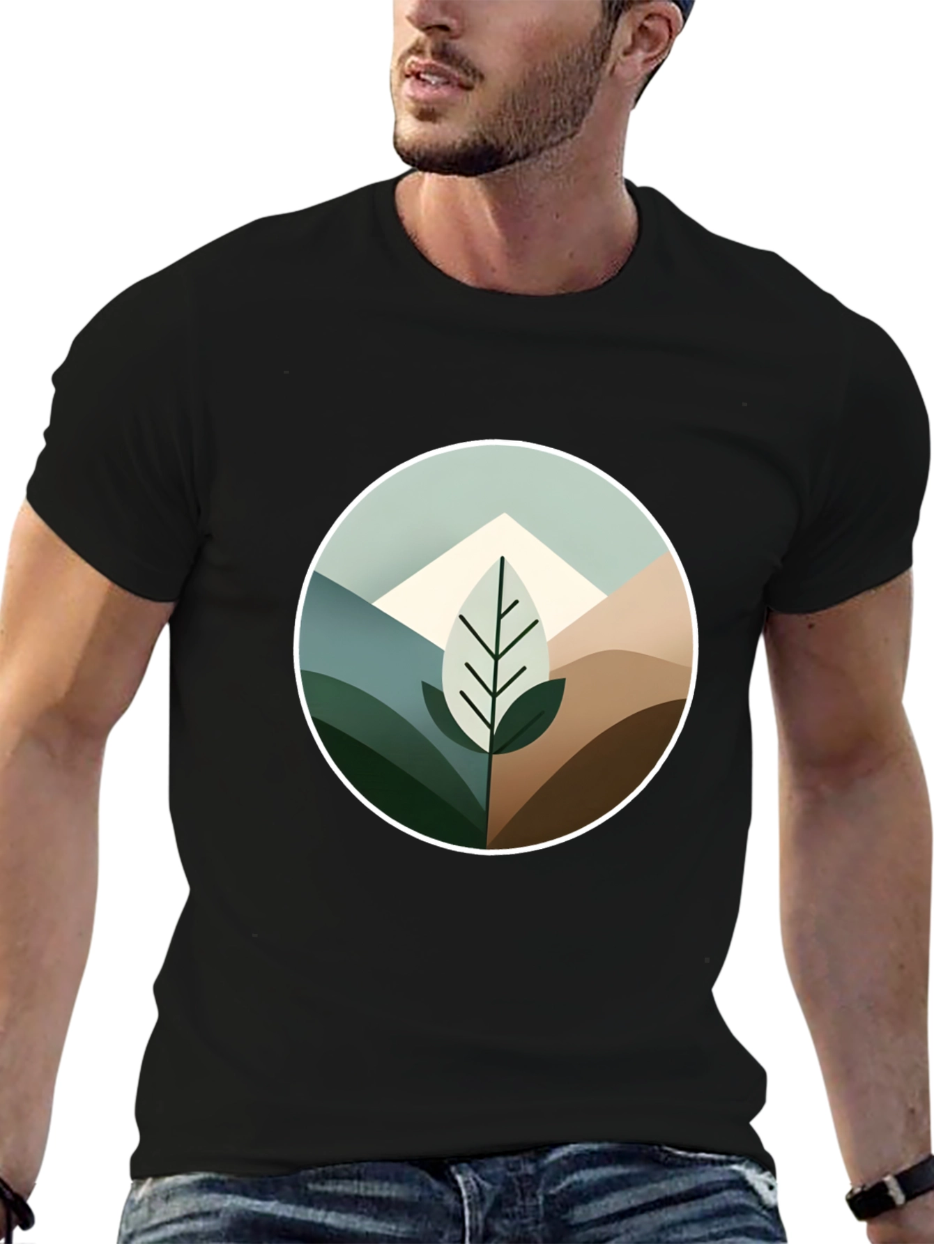 Geometric Mountain Leaf Graphic Tee - Black