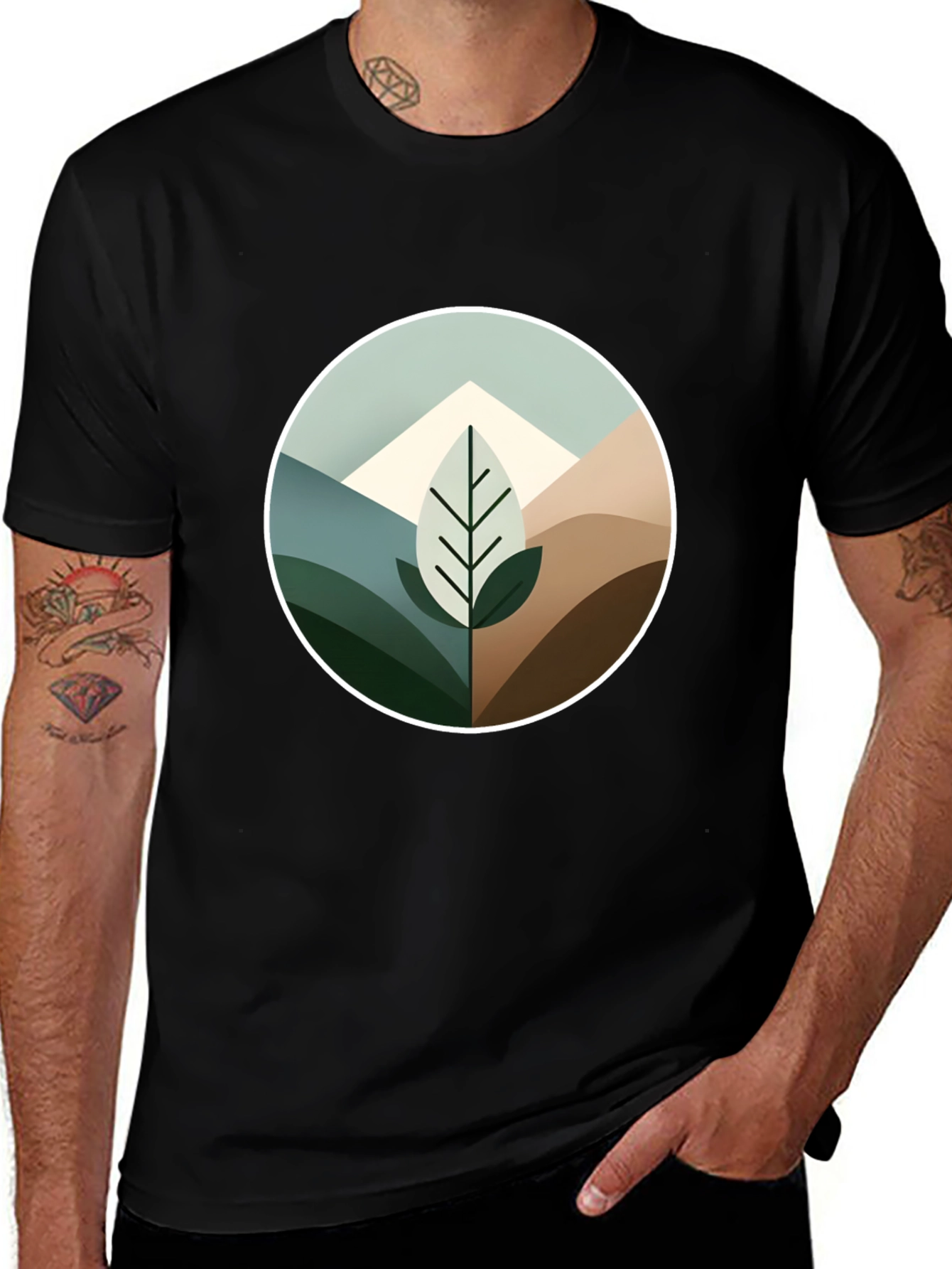 Geometric Mountain Leaf Graphic Tee - Black