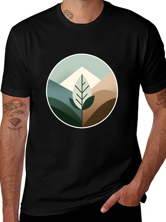 Geometric Mountain Leaf Graphic Tee - Black