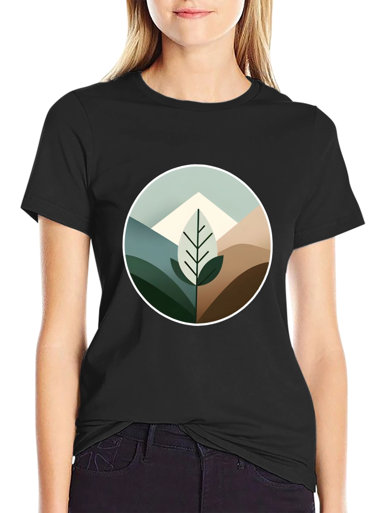 Geometric Mountain Leaf Graphic Tee - Black