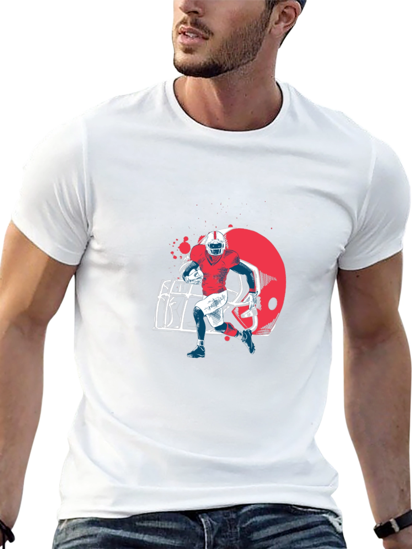 Football Player Graphic Tee - Black Cotton T-Shirt