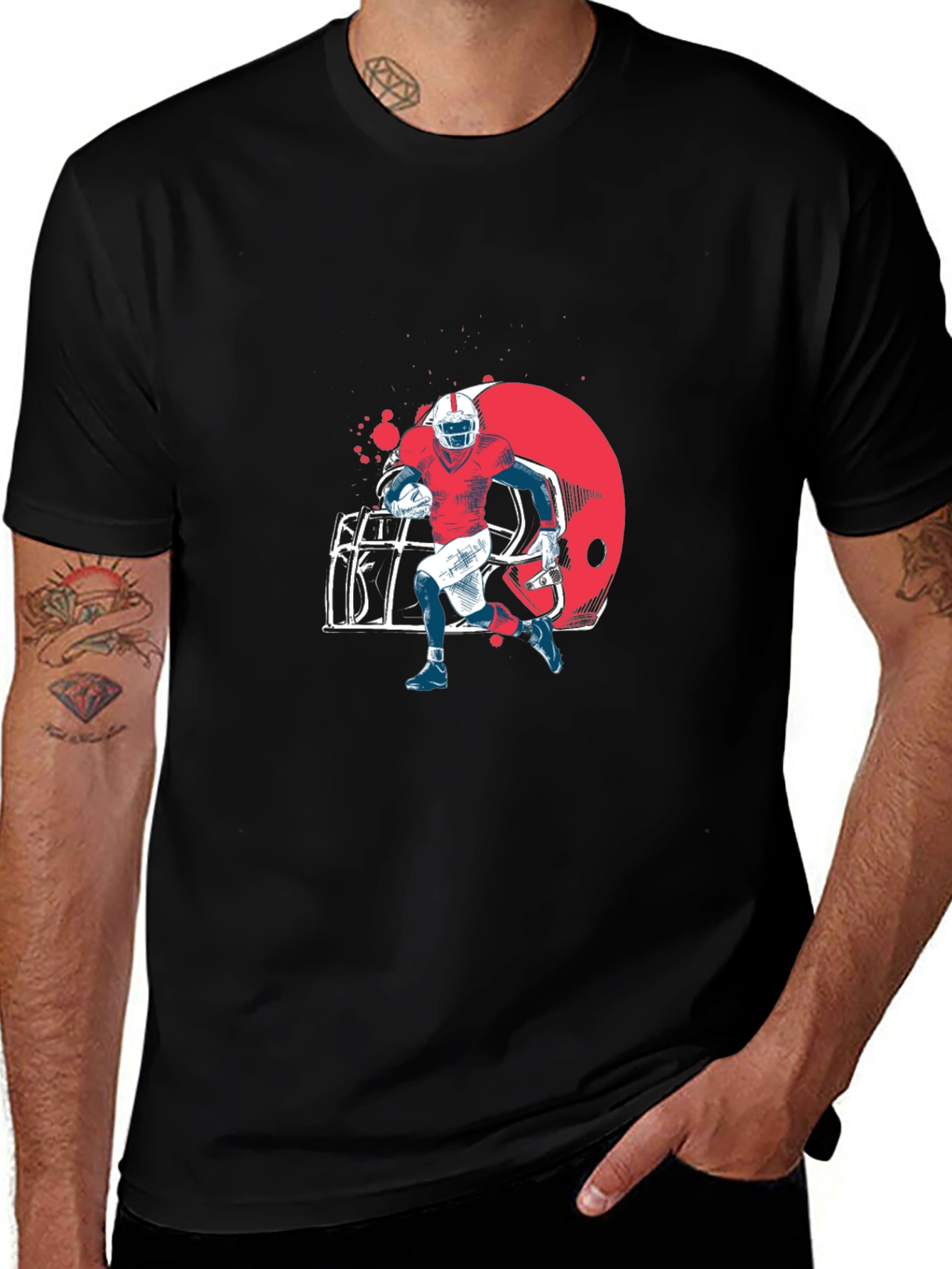 Football Player Graphic Tee - Black Cotton T-Shirt