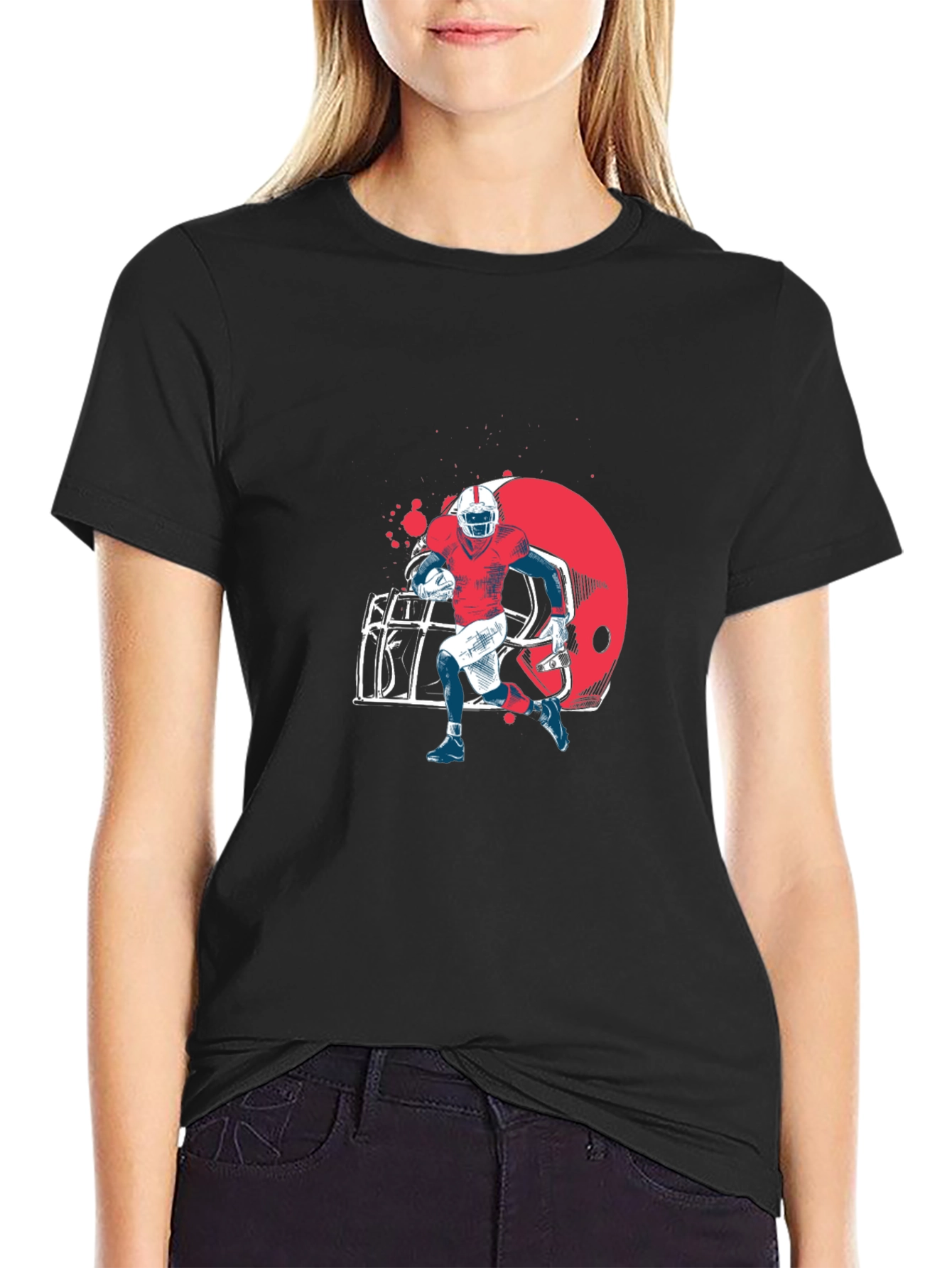 Football Player Graphic Tee - Black Cotton T-Shirt