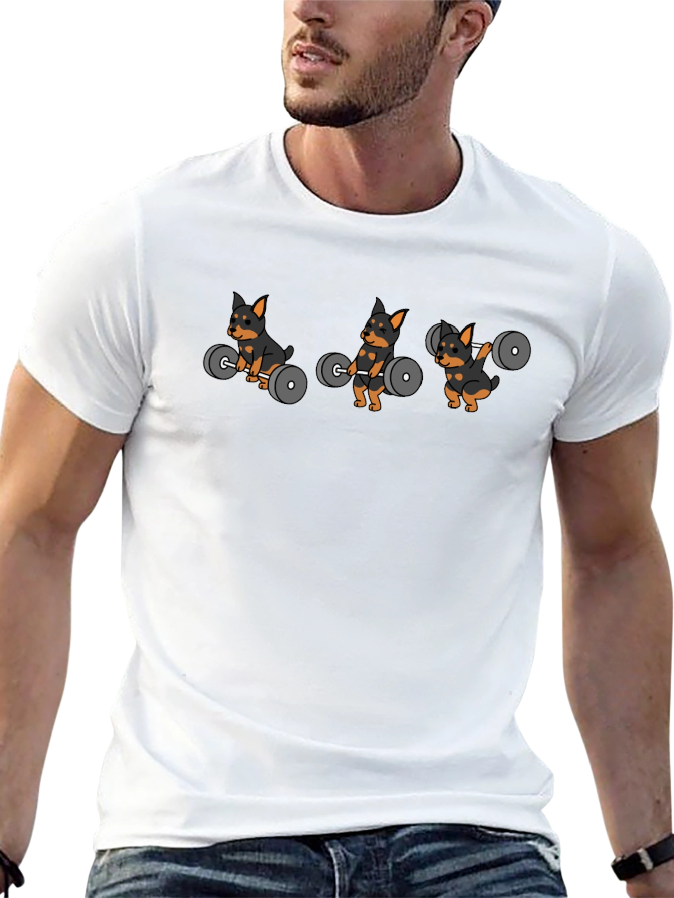 Weightlifting Dog Cartoon Black T-Shirt