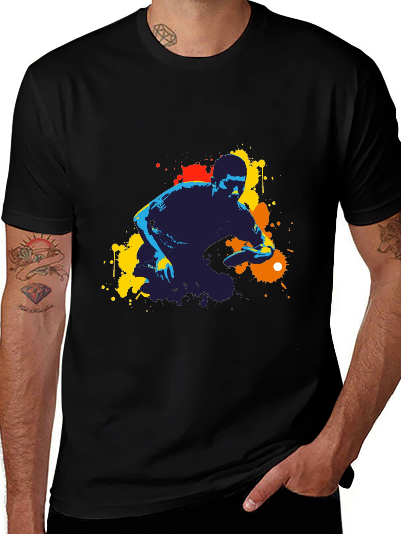 Abstract Ping Pong Player Graphic Tee - Black