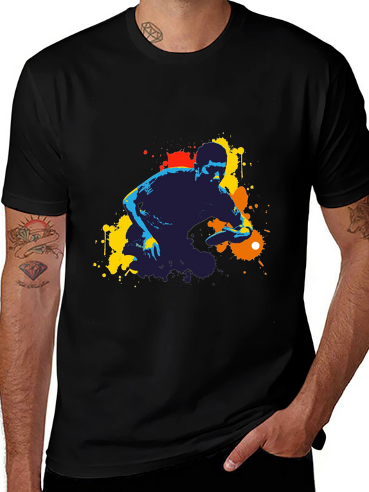 Abstract Ping Pong Player Graphic Tee - Black