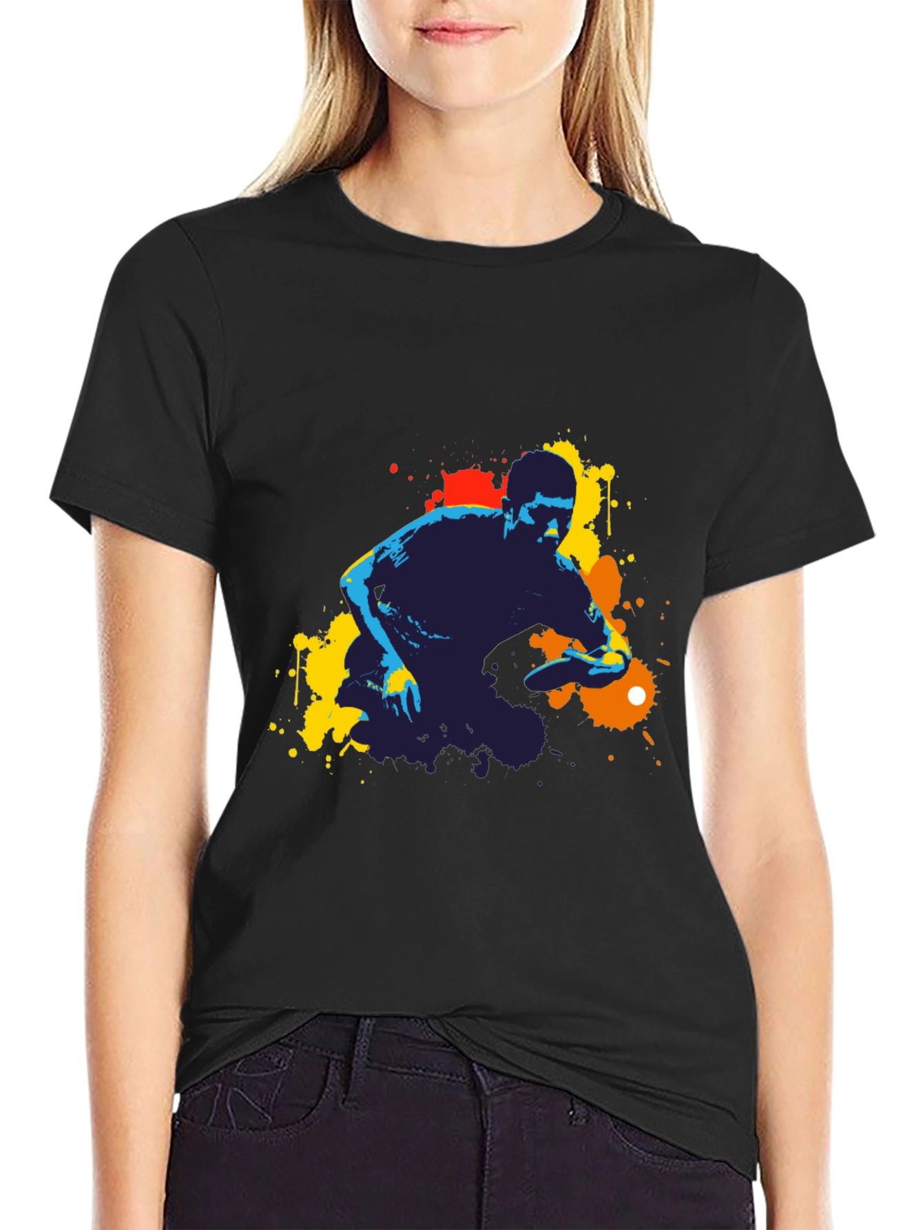 Abstract Ping Pong Player Graphic Tee - Black