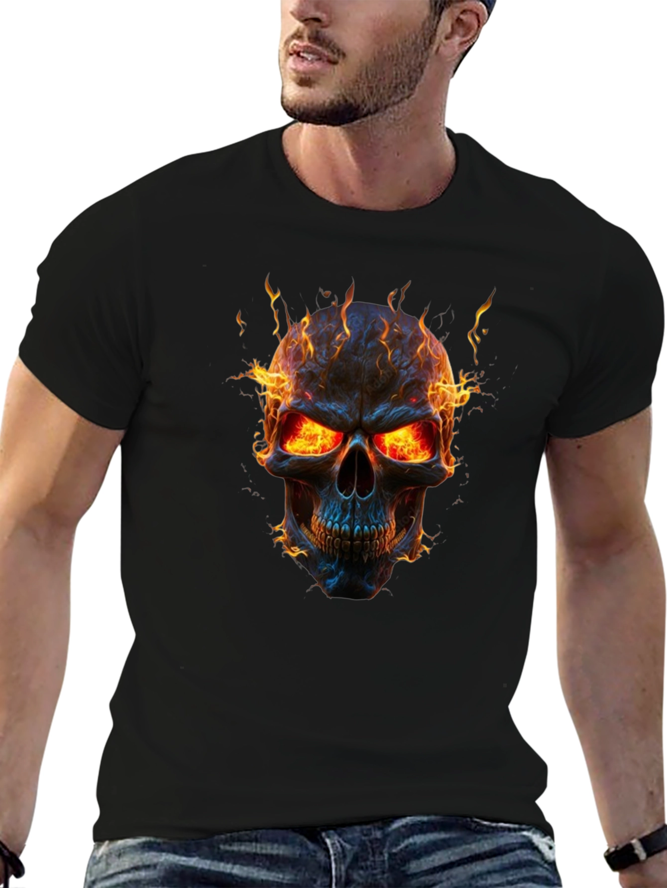 Fiery Skull Graphic Black T-Shirt
